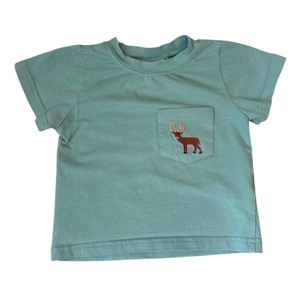 Southern Sass Smocks Pocket T-shirt Boys Green Deer Embroidered SIZE 18M